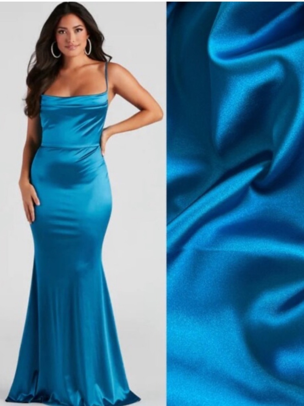 Windsor Teal Blue Nahla Formal Satin Mermaid Cowl Neck Dress Prom Size Medium